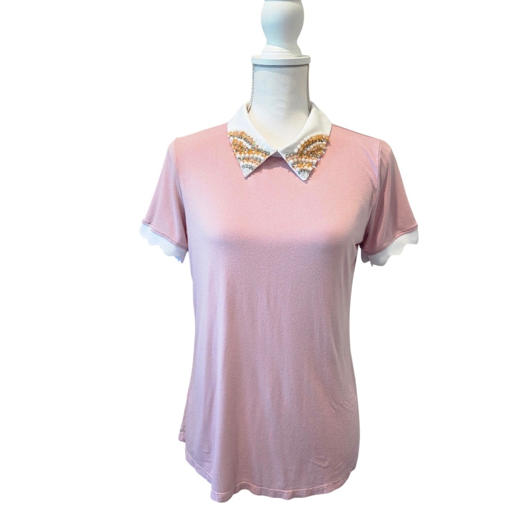 Misia Beaded Peter Pan Collar Top Scalloped Sleeve Pink Coquette Preppy Small